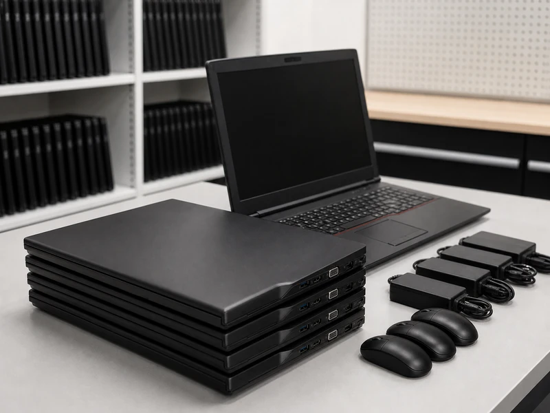 Připravená flotila černých business notebooků s adaptéry a myšmi