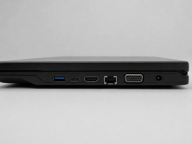 Boční detail business notebooku s konektory USB, HDMI, LAN a VGA